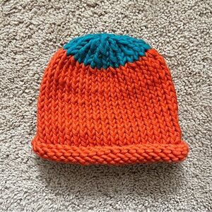Handknit 100% Wool Baby Beanie/Winter Hat, Orange and Green, Size 0-3 mo